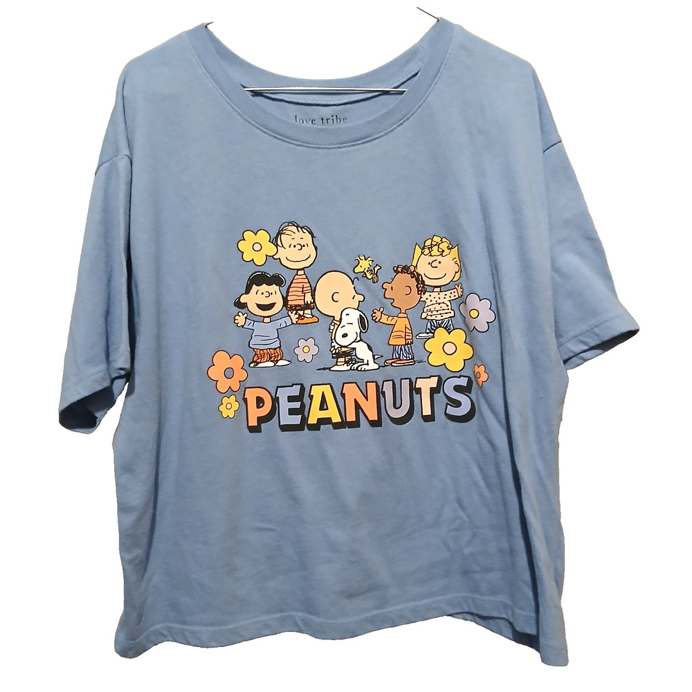 Love Tribe Cropped Peanuts Graphic T-Shirt XL X-Large Light Blue Short Sleeve